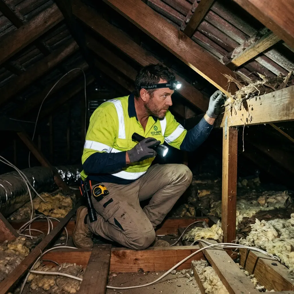 Technician inspecting a roof cavity for a dead animal in Nerrina