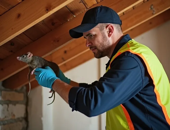Technician inspecting a roof cavity for a dead rat in Nerrina